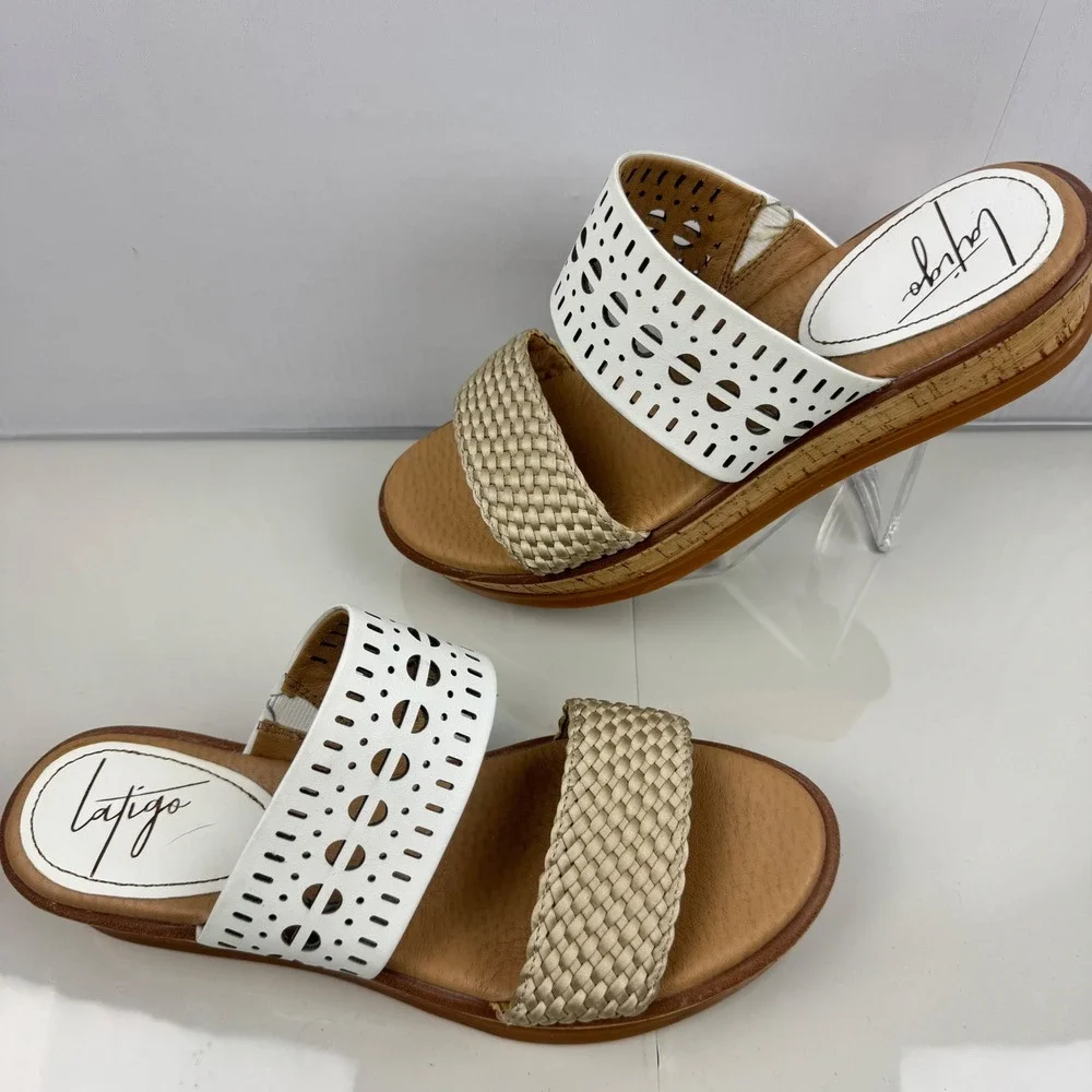 Latigo Kate White Wedge Slide Sandals Women Size 8‎ Cork Wedge Laser Cut